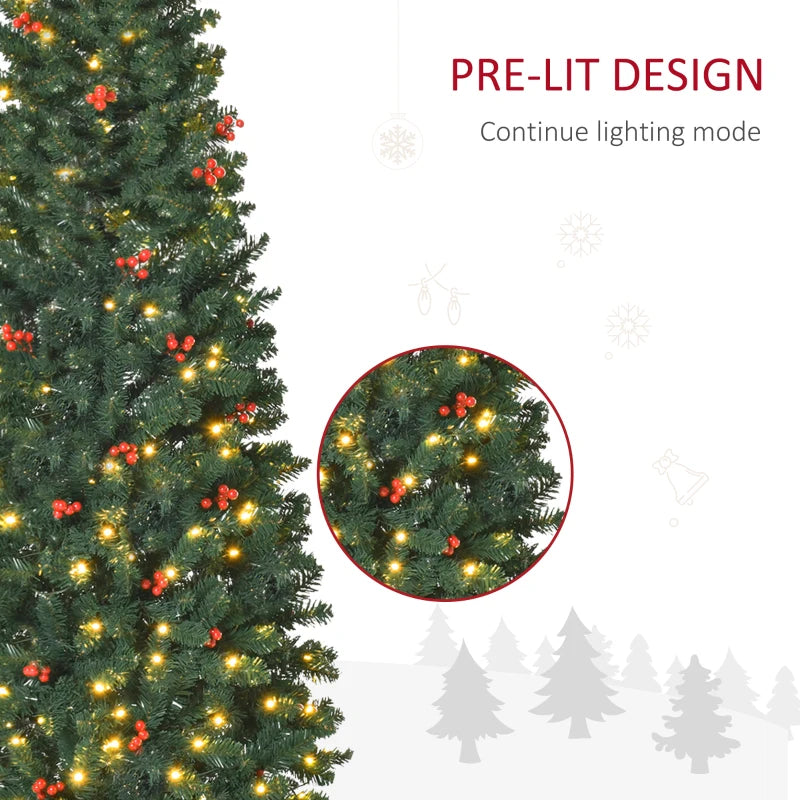 6FT Prelit Artificial Pencil Christmas Tree with Warm White LED Lights & Red Berries - Festive Holiday Home Decoration
