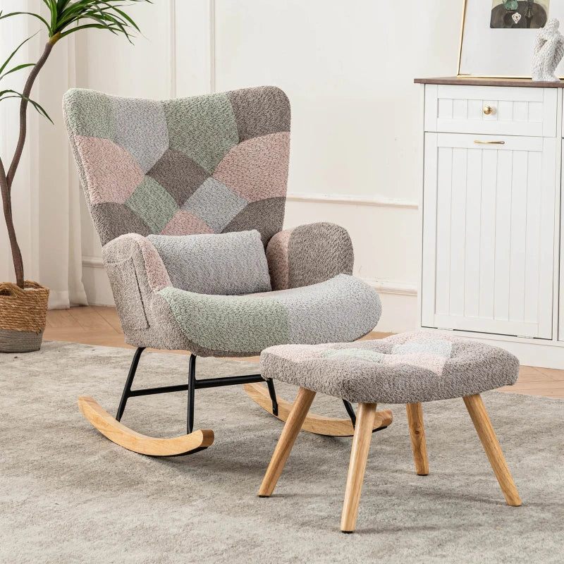 Stylish Rocking Garden Chair Set with Footstool and Pillow, Wingback Design, Solid Wood Legs, Blue and Grey