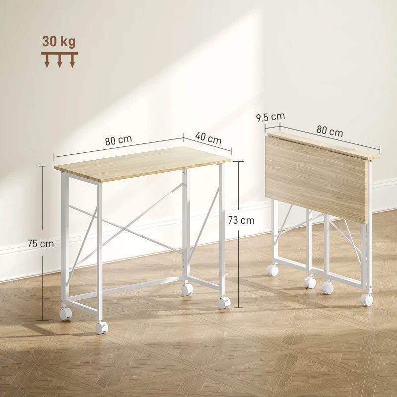 80 cm Folding Desk on Wheels - Natural Tone, Space-Saving Portable Workstation for Home Office, Study, and Crafting