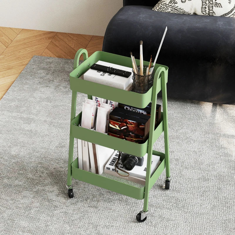 Versatile Three-Tier Green Storage Trolley - Perfect for Organizing Home, Office, or Kitchen - Stylish and Functional Design