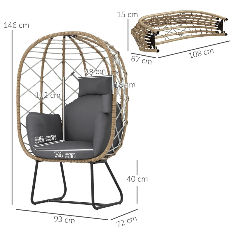 Brown Rattan Egg Chair - Outdoor Indoor Wicker Chair with Thick Cushion & Headrest, Metal Frame Garden Egg Chair with Cup Holder, Perfect for Patio & Balcony
