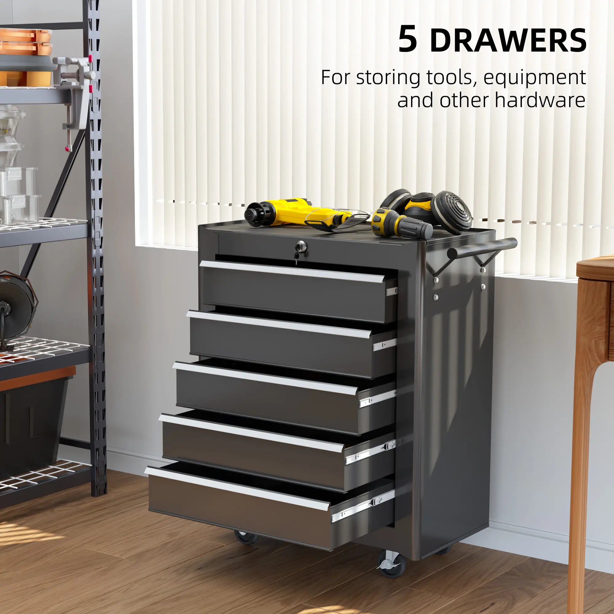 5-Drawer Tool Chest With Wheels - Steel Lockable Tool Storage Cabinet with Handle, 2 Keys for Garages & Workshops