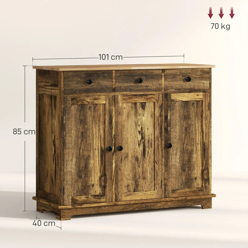 Rustic Brown Sideboard with Rubberwood Top & Adjustable Shelves - Perfect for Dining Room & Kitchen Storage