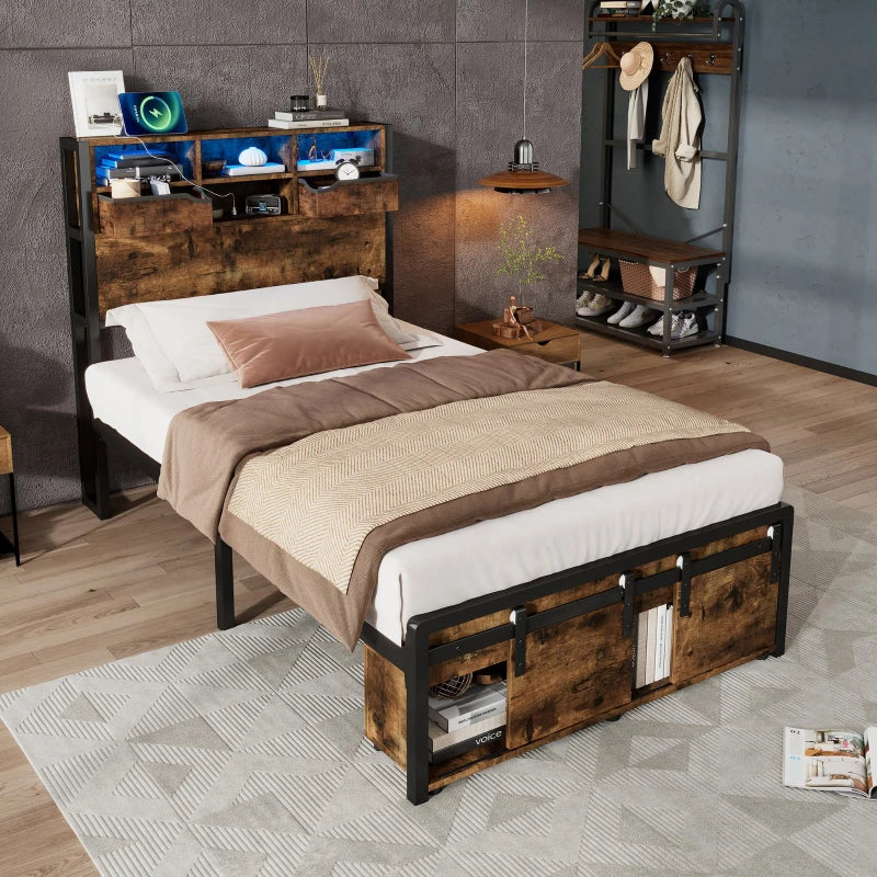 Modern Metal Single Bed with LED Lights & USB Charging Ports, Sturdy Iron Slats, Black & Natural, 209x90.5x114.5 cm