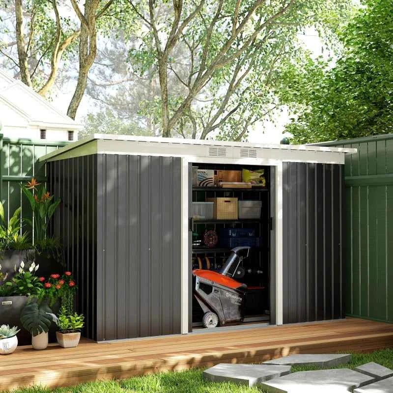 Black 9ft x 4ft Metal Garden Storage Shed With Foundation Kit, Ventilation and Double Doors