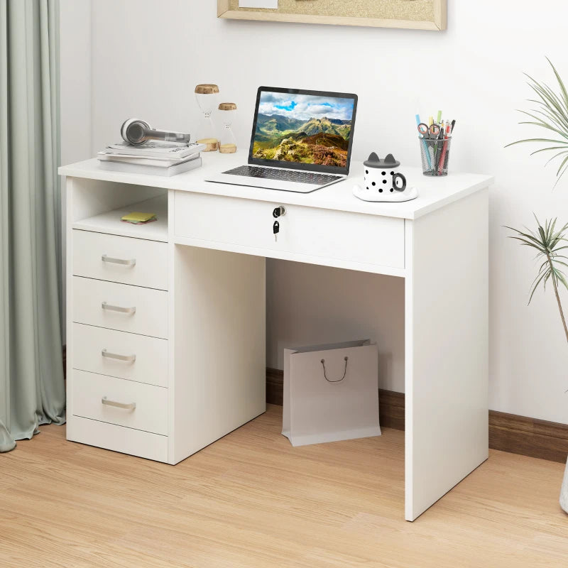 Modern Home Office Computer Desk with Lockable Drawer and Storage Shelf for Study or Bedroom 110x50x76 cm White