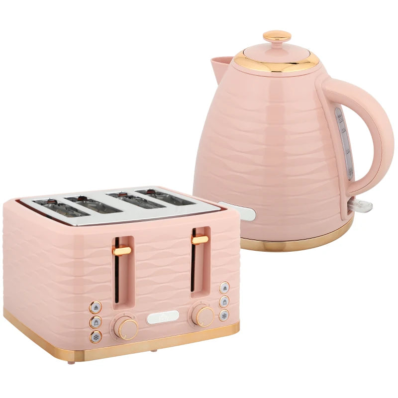 Light Pink 3000W Kettle & 4 Slice Toaster Set - 1.7L Capacity, 7 Browning Controls, Easy Clean Crumb Tray