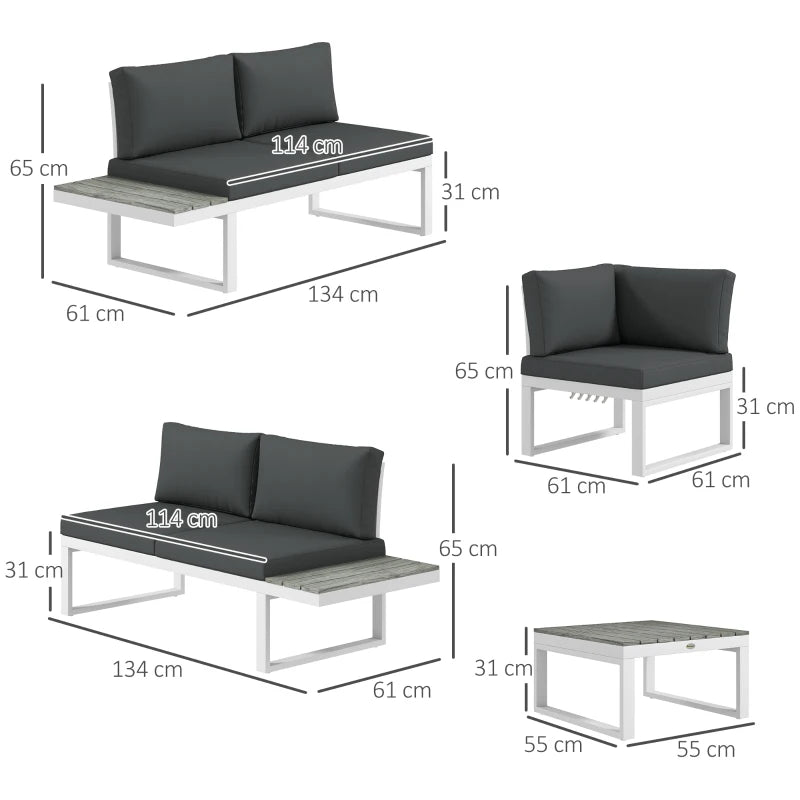 White Framed Metal Corner Sofa Set With Cushions & Woodgrain Table