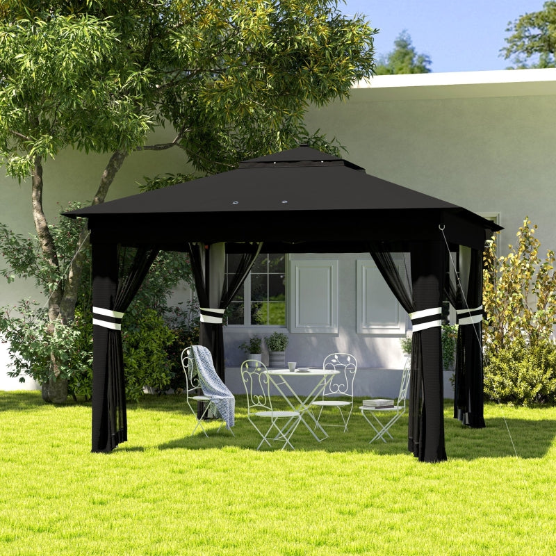 3m x 3m Black Pop Up Gazebo Party Tent with Solar-Powered LED Lights and Adjustable Netting