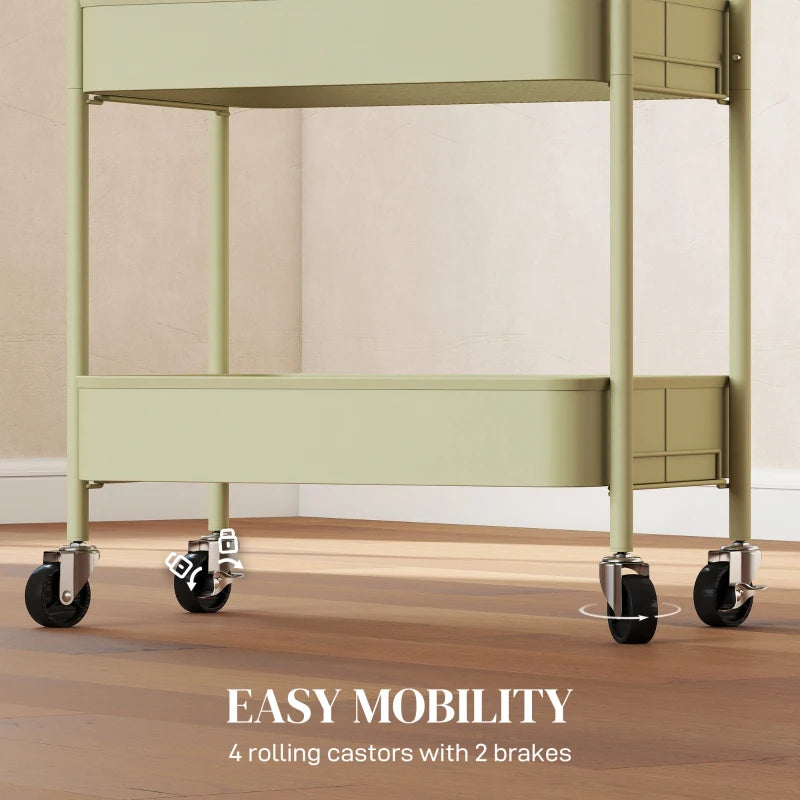 Three-Tier Green Steel Storage Trolley - Versatile Organizer Cart for Home, Office, Kitchen & Garage