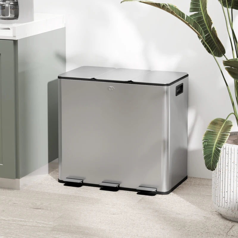 3 x 15L Steel Pedal Bin Set - Triple Kitchen Trash Can with Soft Close Lid, Removable Buckets, Fingerprint-Proof Silver