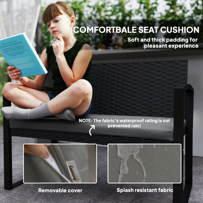 Two-Seater Rattan Garden Bench - Grey and Black Outdoor Seating