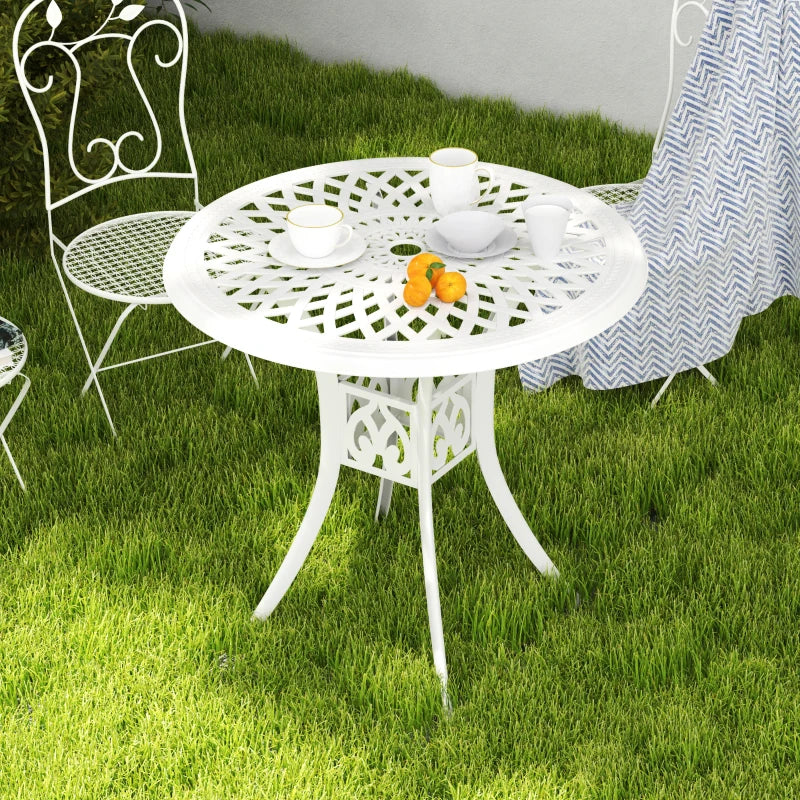 78 cm White Round Garden Dining Table with Parasol Hole - Antique Cast Aluminium Outdoor Table