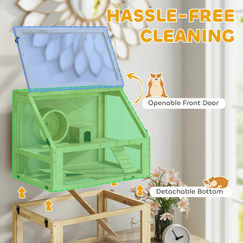 Wooden Hamster Cage with Detachable Deep Bottom Hut Seesaw Exercise Wheel Ramp 60x40x75cm Natural