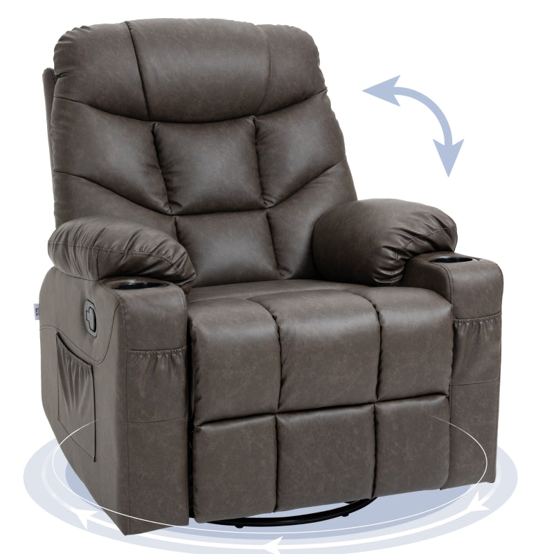 Manual Reclining Armchair with Faux Leather, Footrest and Cup Holders - Brown, 86x93x102cm