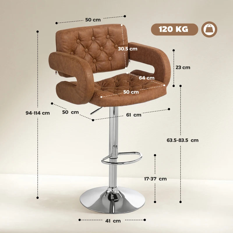 Adjustable PU Leather Swivel Bar Stool with Backrest, Armrests & Footrest - Brown Upholstered Height-Adjustable Seating