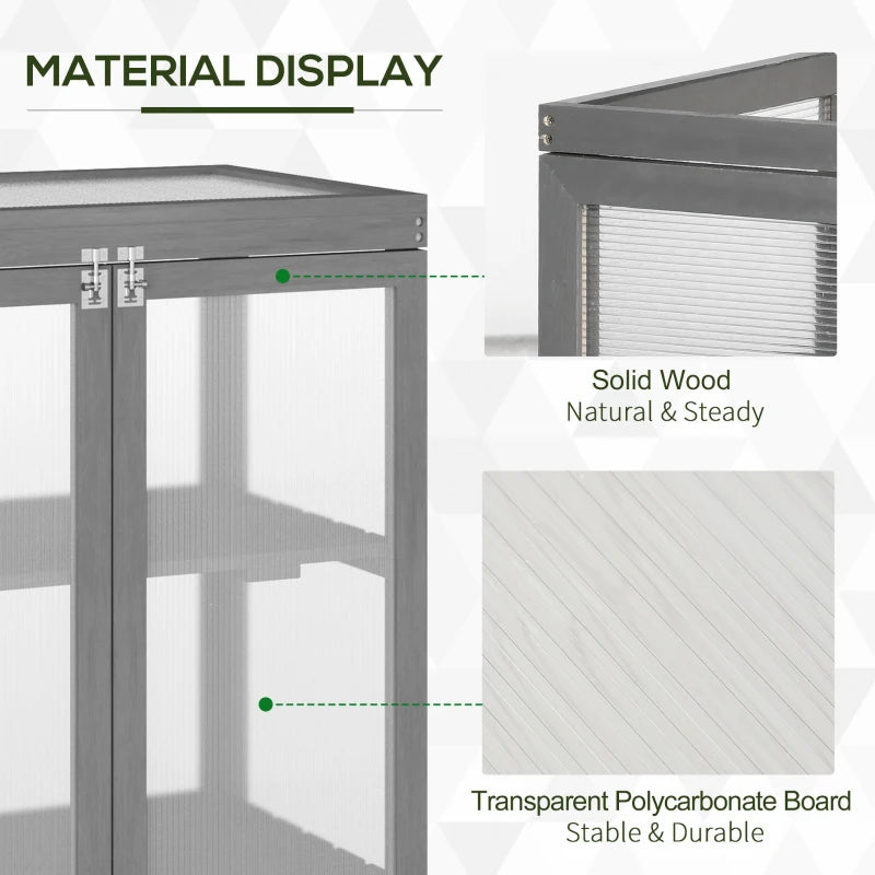 Dark Grey 3-Tier Wooden Greenhouse with Double Doors and Storage Shelf