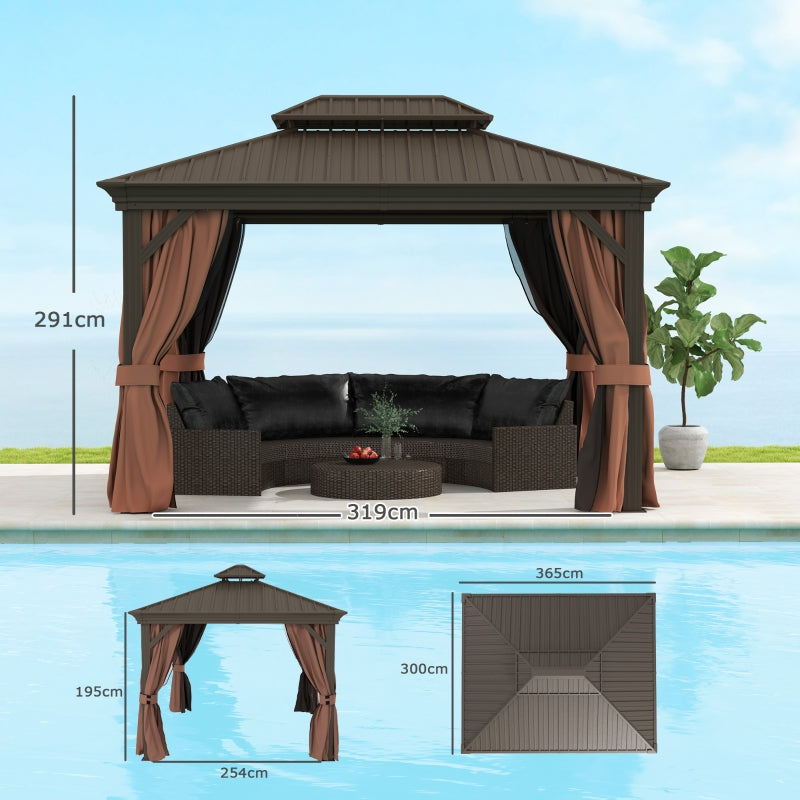 3m x 3.7m Dark Brown Outdoor Hardtop Gazebo Canopy with Aluminium Frame, 2-Tier Roof & Mesh Netting Sidewalls for Patio