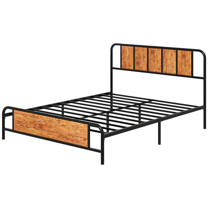 5.2ft King Bed Frame with Industrial Wood Headboard, Steel Slats & 31cm Underbed Storage - Rustic Brown, 160x207cm