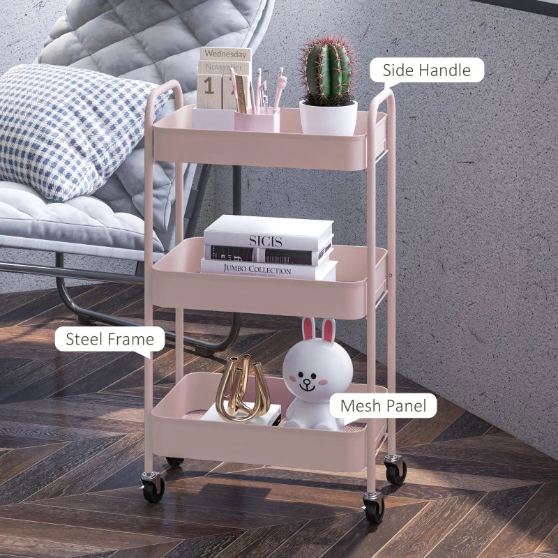 Three Tier Pink Steel Storage Trolley for Kitchen and Home Organization