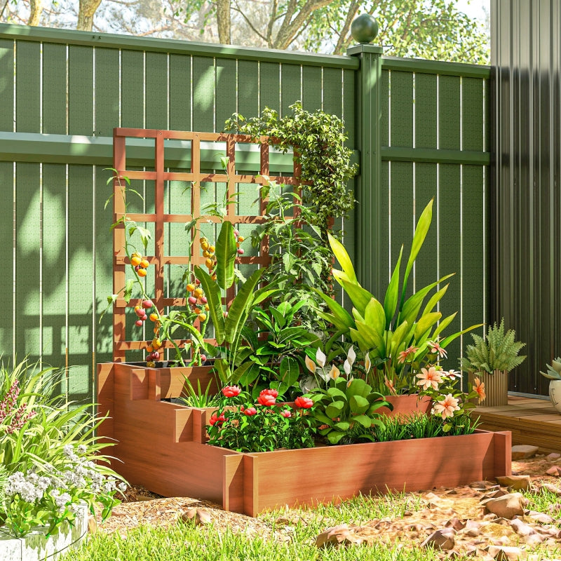 3 Tier Wooden Garden Planters with Trellis for Climbing Vines, Brown, 95x95x110cm