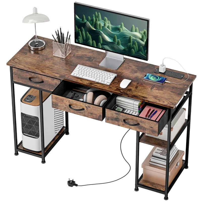 Rustic 120cm Computer Desk with Power Outlets, Fabric Drawers & Storage Shelves - Stylish Office Study Table in Brown