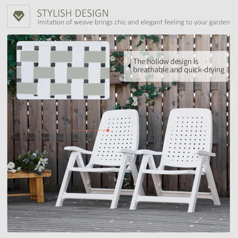 White Folding Outdoor Dining Chairs with Adjustable Backrest - Set of 2