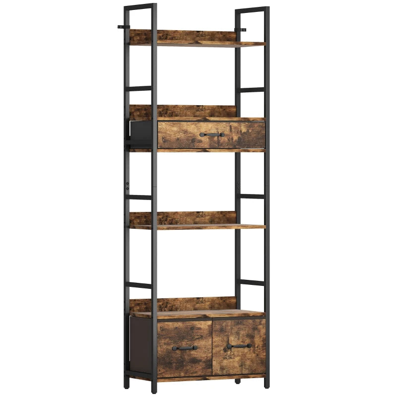 Industrial Style Bookcase with 4 Shelves & 3 Fabric Drawers - Brown & Black Storage Solution for Home or Office