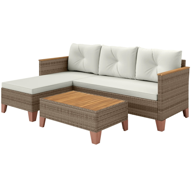 3-Piece Rattan Garden Furniture Set - L-Shaped Chaise Lounge & Coffee Table with Cushions