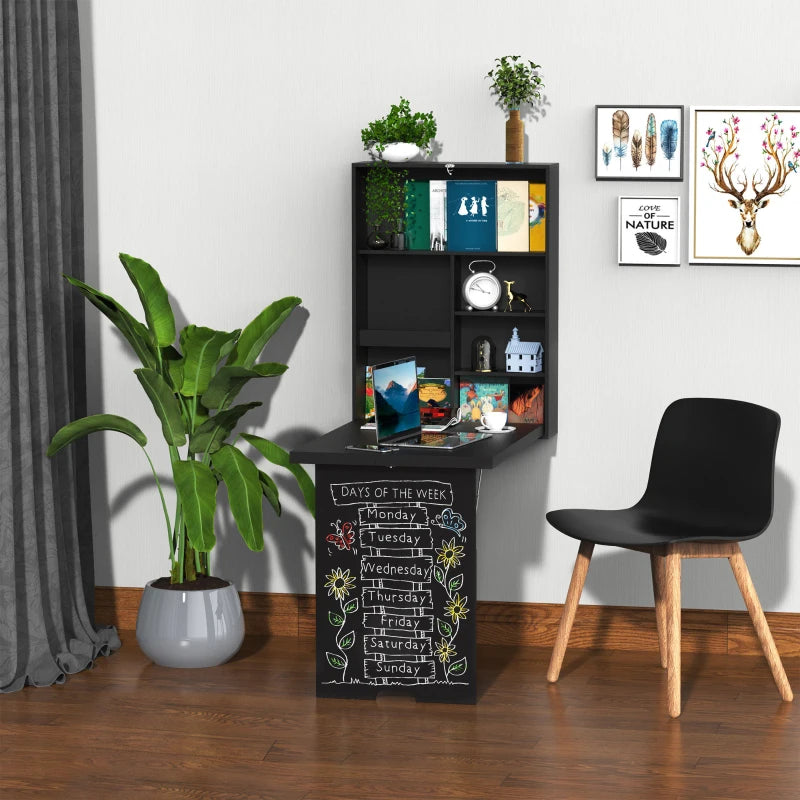 Folding Wall-Mounted Drop-Leaf Table with Chalkboard & Storage Shelf - Multifunctional Floating Desk for Home Office - Black