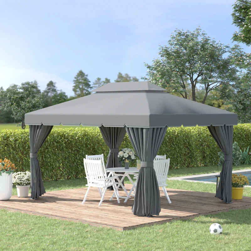 3 x 4m Dark Grey Aluminium Garden Gazebo - Marquee Canopy Shelter Pavilion Tent with Nets and Curtains for Outdoor Parties