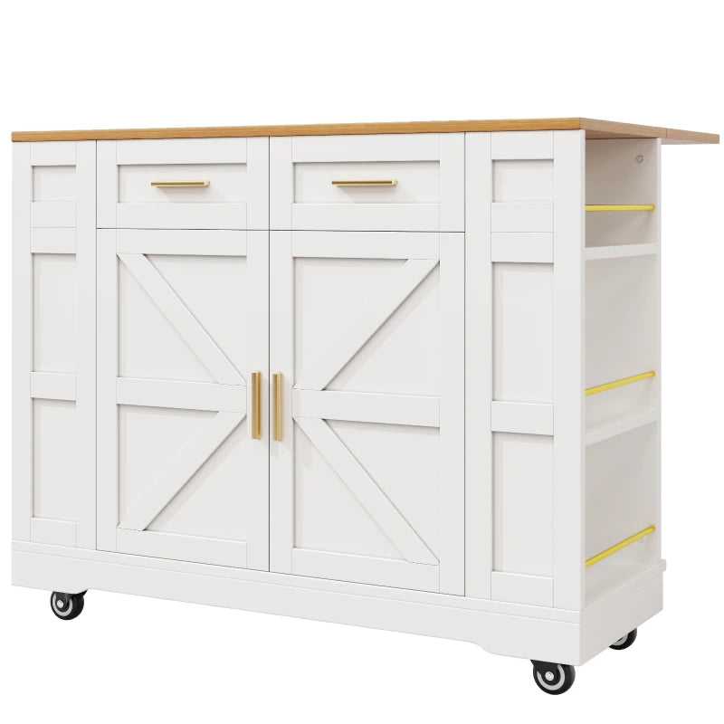 Adjustable Kitchen Island Trolley - Rolling Cart with Drawers & Storage Racks, 120x40x90 cm, White - Easy Stability