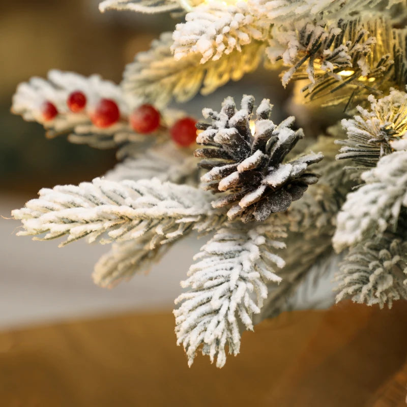 60 cm Prelit Small Christmas Tree - 35 LED Lights, Snow Flocked Mini Xmas Tree with Pine Cones & Berry Clusters
