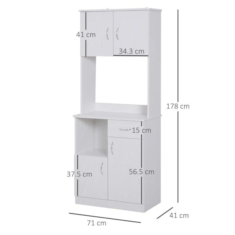 Tall White Kitchen Cupboard with Doors, Shelves, Drawer & Open Countertop - Versatile Storage Cabinet for Living & Dining Rooms