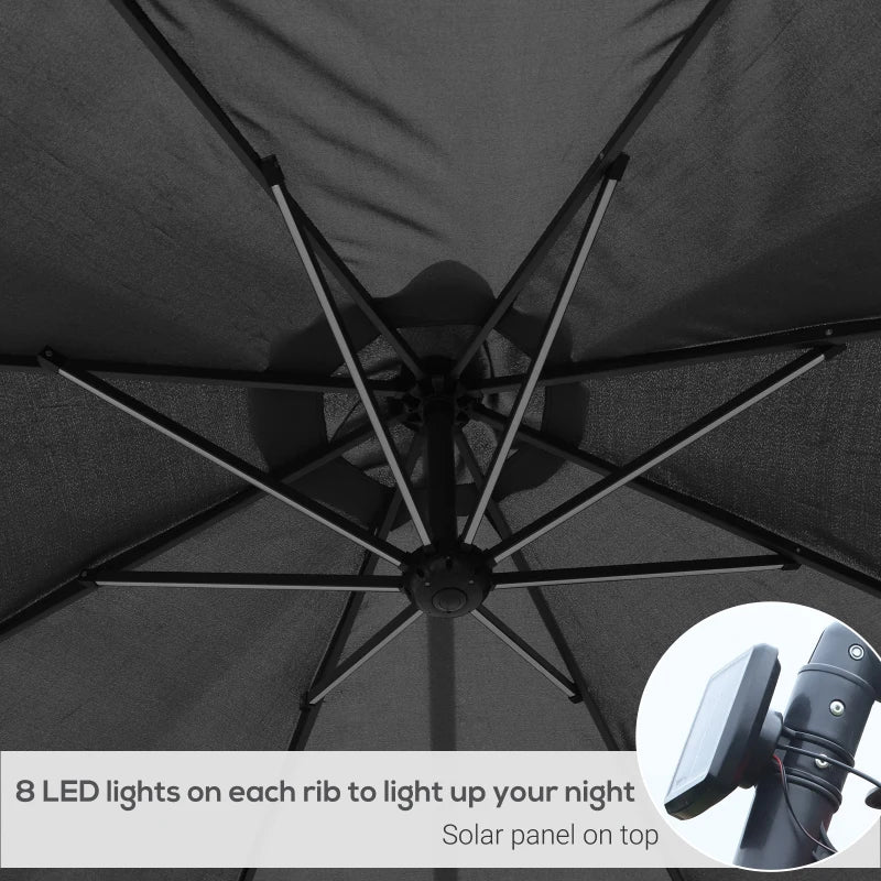 Black 3m LED Cantilever Patio Umbrella with Crank Cross Base