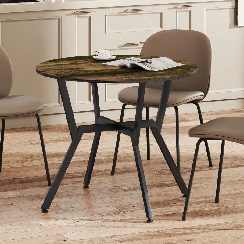 Rustic Brown Round Dining Table with Black Legs & Anti-Slip Foot Pads - 90 x 76 cm for Living Room & Kitchen