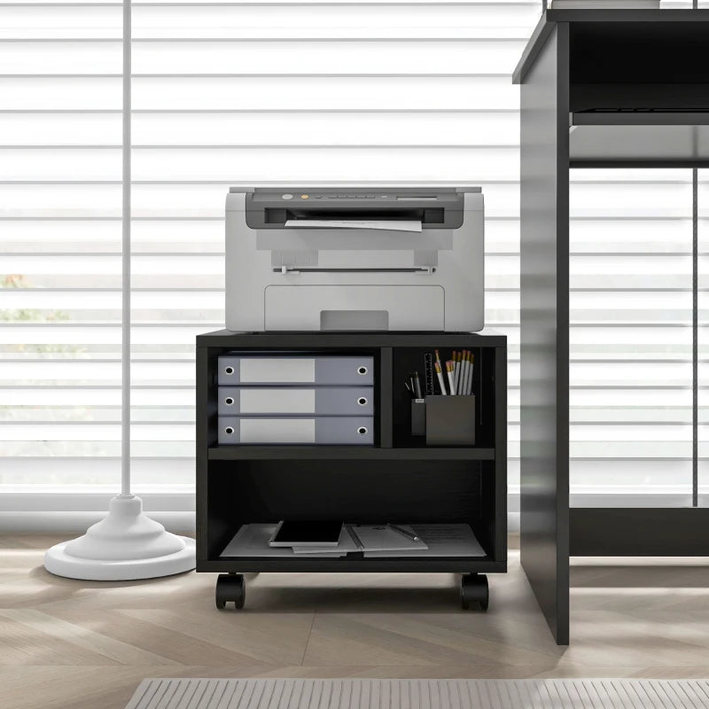 Black Three-Compartment Printer Cabinet on Wheels - Stylish & Functional Storage Solution for Home Office or Workspace