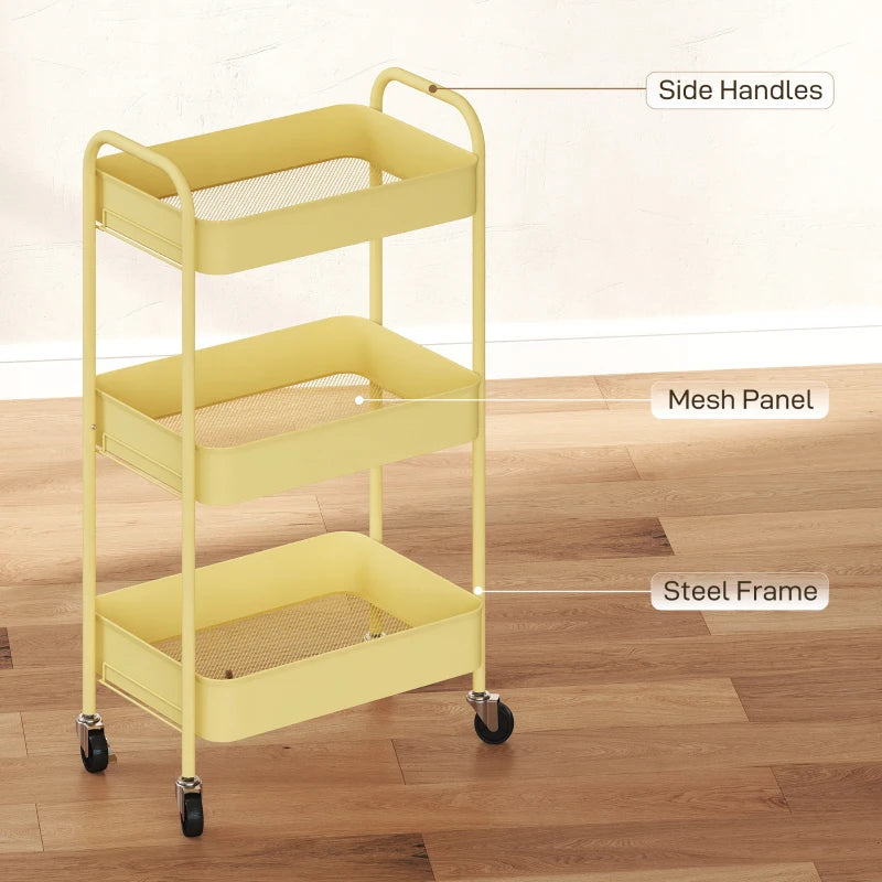 Three-Tier Yellow Steel Storage Trolley - Durable, Versatile Organizer for Home, Office, Kitchen & Garage