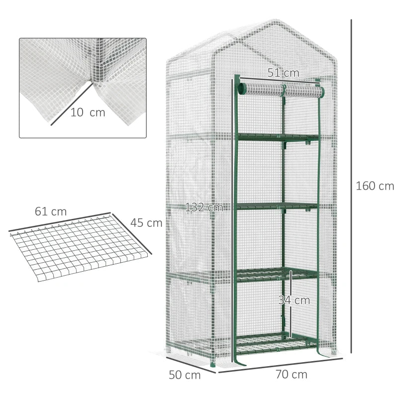 Compact White 4 Tier Mini Greenhouse with Steel Frame and Roll-up Door