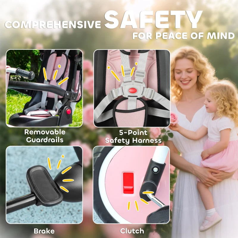 6 in 1 Foldable Kids Trike with Adjustable Parent Handle and Canopy for Ages 1-5 Pink