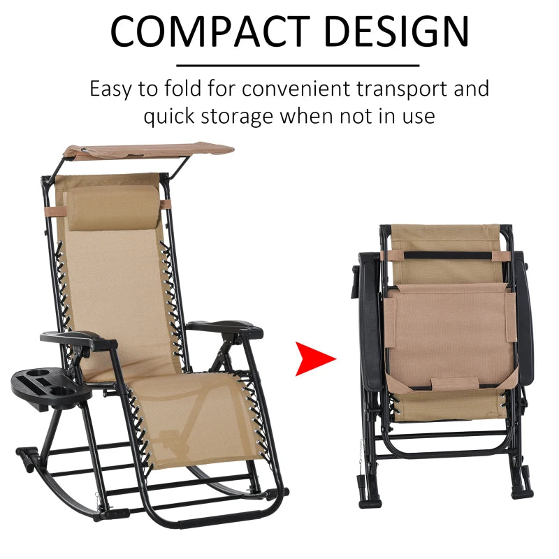 Beige Folding Rocking Sun Lounger Chair with Headrest and Side Holder