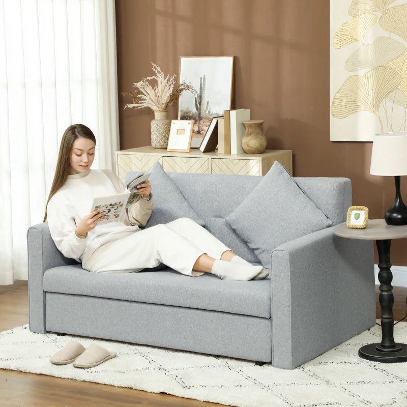 Modern 2 Seater Sofa Bed with Hidden Storage, Linen Loveseat Couch and Cushions for Living Room, Light Grey