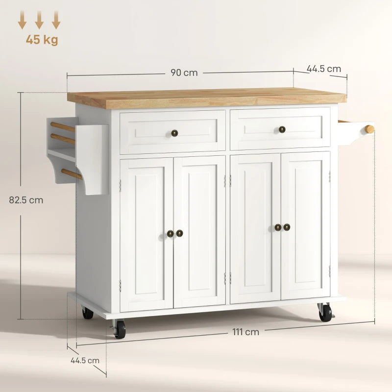 Rolling Kitchen Island Storage Trolley with Rubber Wood Top & Drawers - Cream White Dining Room Cart