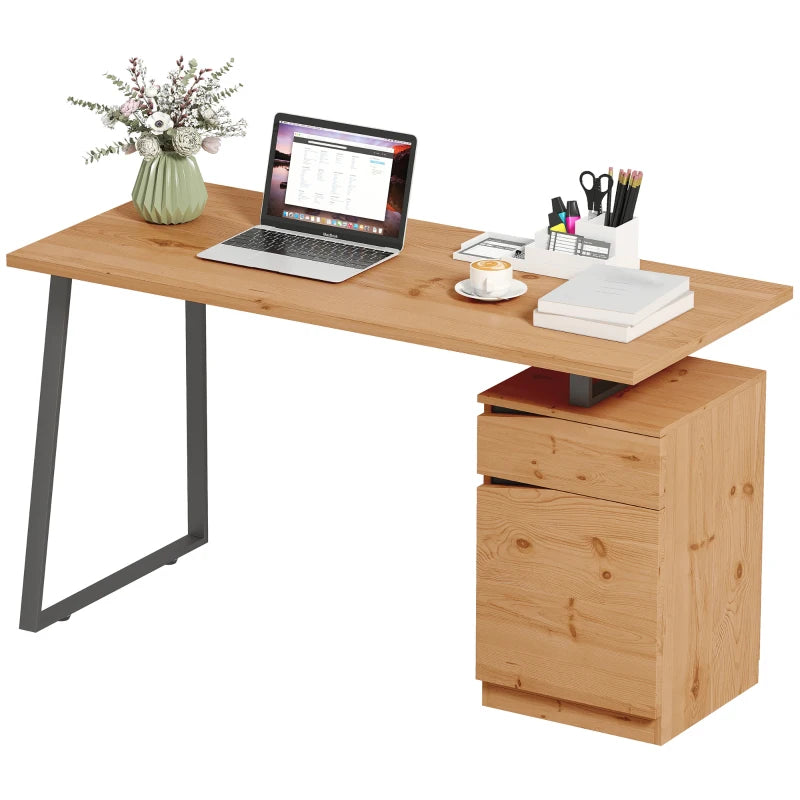 Modern Computer Desk with Cabinet & Drawer - Stylish Writing Desk for Home Office & Study - Metal Legs, Natural Wood Finish