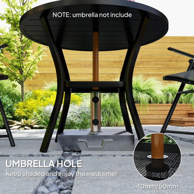 90 cm Round Black Garden Dining Table with 4-5 cm Parasol Hole, Steel Slatted Top and Wire Shelf for Outdoor Balcony and Porch