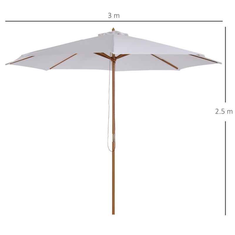 Cream White 3m Wooden Patio Umbrella with Pulley Mechanism