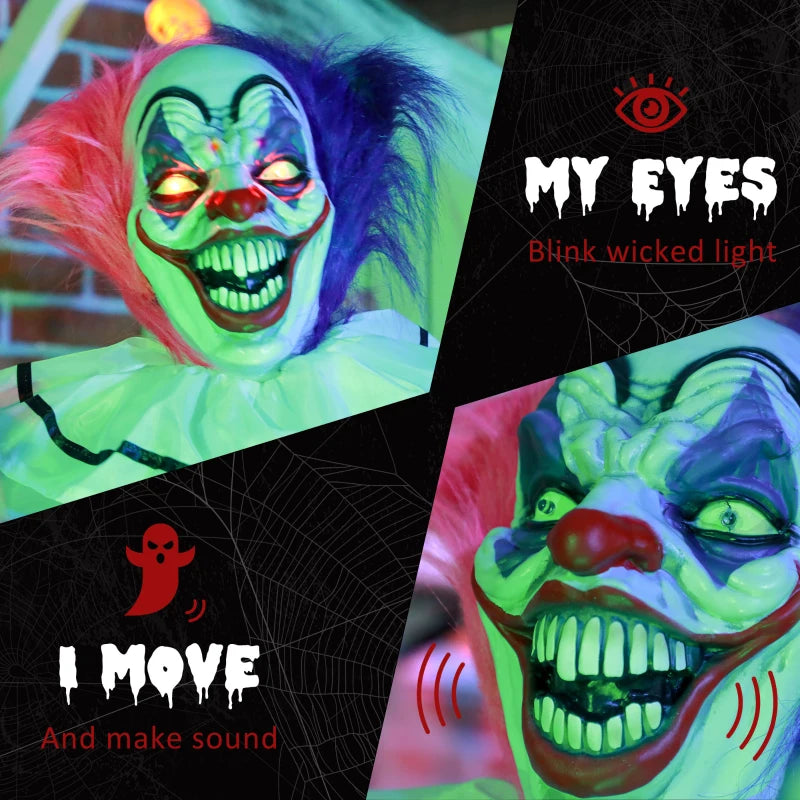 5'6" Scary Laughing Clown Halloween Animatronic with Glowing Eyes - Creepy Haunted House Decoration