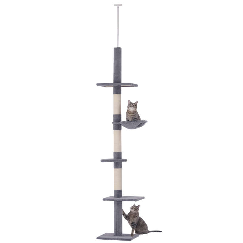 Adjustable 5-Tier Cat Tree 230-260cm - Floor to Ceiling Cat Tower with Scratching Post, Hammock & Perches for Indoor Kittens - Grey