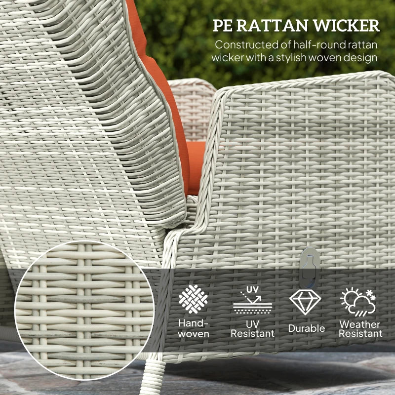 5-Piece Orange Rattan Bistro Set - Adjustable Back Reclining Wicker Balcony Furniture with Cushions, Glass Top Coffee Table and Footstools - Outdoor Table and Chairs