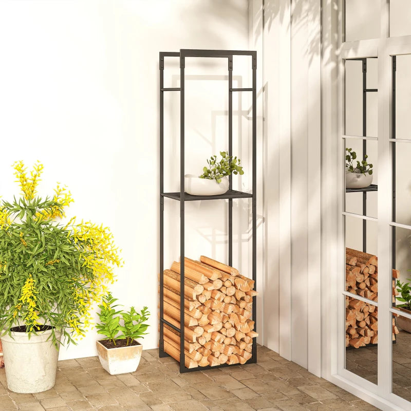 Heavy Duty Metal Firewood Log Holder Rack with Adjustable Shelf - Indoor/Outdoor Fireplace Wood Storage, 45x31x170 cm, Black